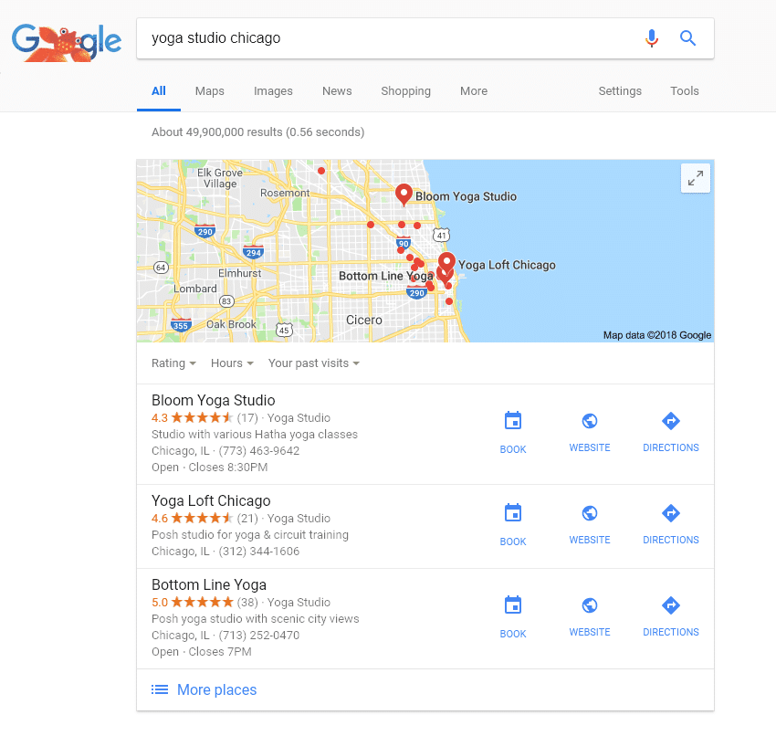 chicago yoga local search google