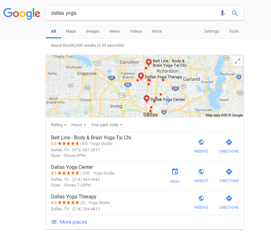 google search dallas yoga with booking icon