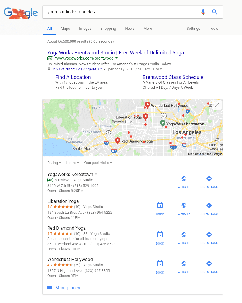 los angeles yoga studio local search on google